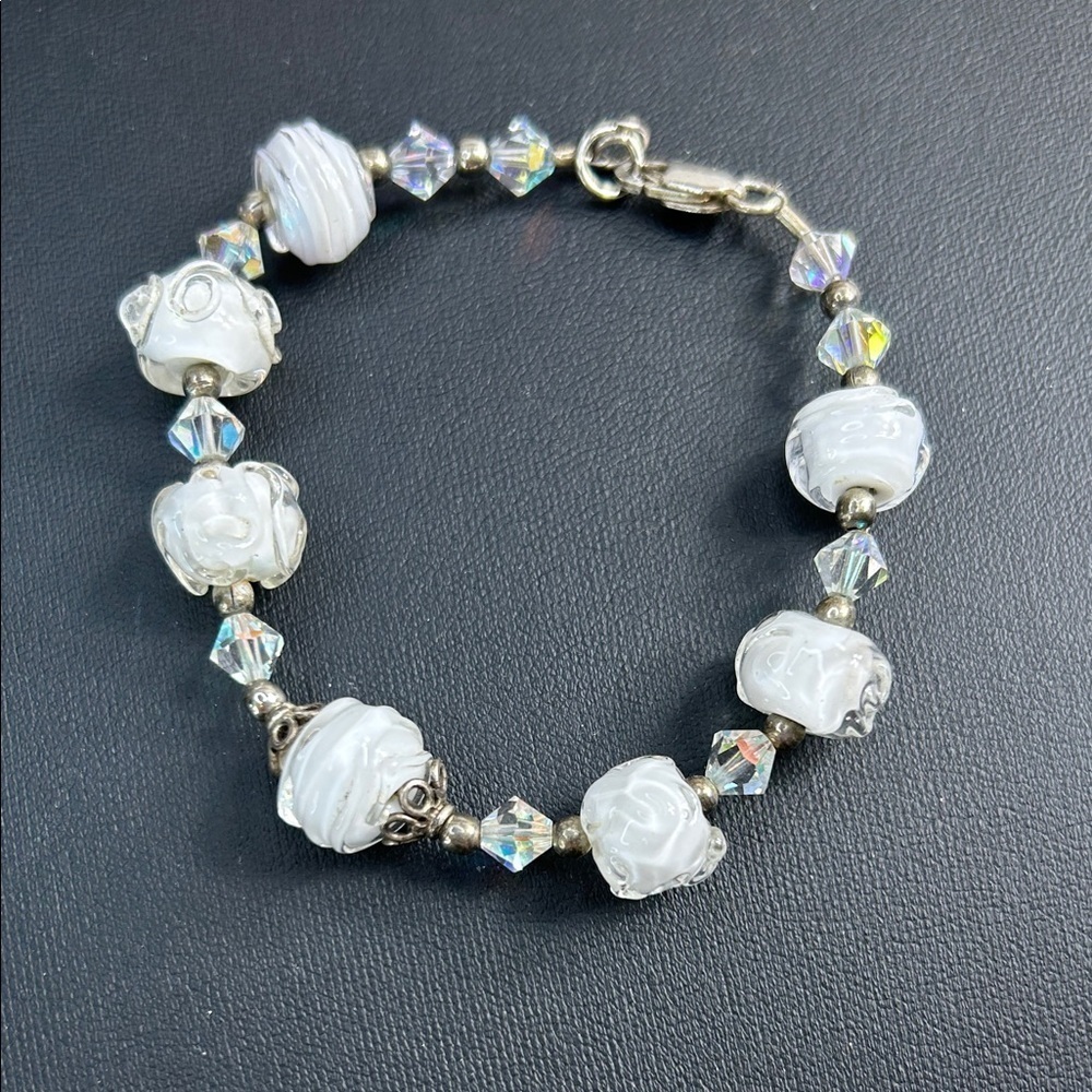Elegant White Art Glass Beaded 925 Bracelet